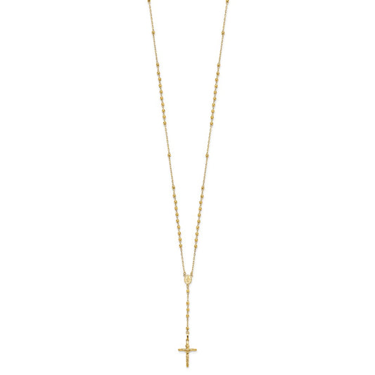 14k Polished Crucifix and Miraculous Medal with 3mm Mirror Beads Semi-solid 24 inch Rosary Necklace