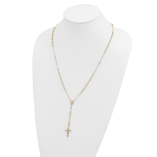 14k Polished Crucifix and Miraculous Medal with 3mm Mirror Beads Semi-solid 24 inch Rosary Necklace