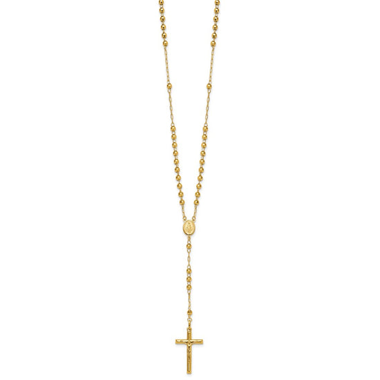 14k Polished Crucifix and Miraculous Medal with 4mm Mirror Beads Semi-solid 24 inch Rosary Necklace