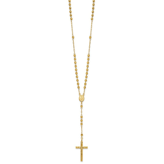 14k Polished Crucifix and Miraculous Medal with 4mm Mirror Beads Semi-solid 24 inch Rosary Necklace