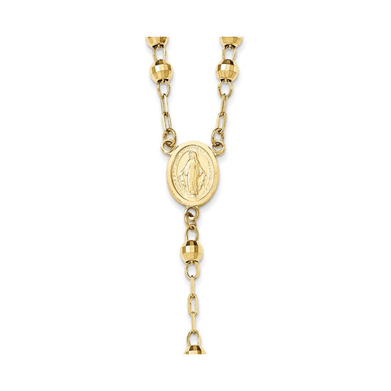 14k Polished Crucifix and Miraculous Medal with 4mm Mirror Beads Semi-solid 24 inch Rosary Necklace