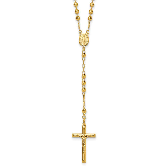 14k Polished Crucifix and Miraculous Medal with 4mm Mirror Beads Semi-solid 24 inch Rosary Necklace