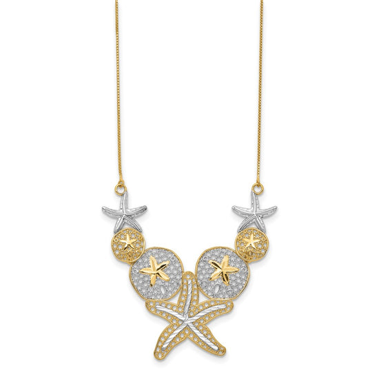 14k with White Rhodium Diamond-cut Starfish and Sand Dollar 18 inch Necklace