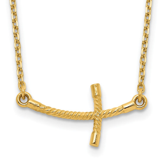 14k Small Sideways Curved Twist Cross 19 inch Necklace