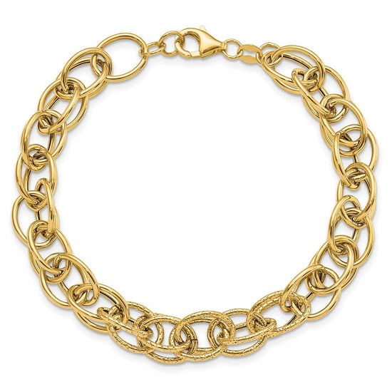 14k Gold Polished Textured Fancy Link Bracelet