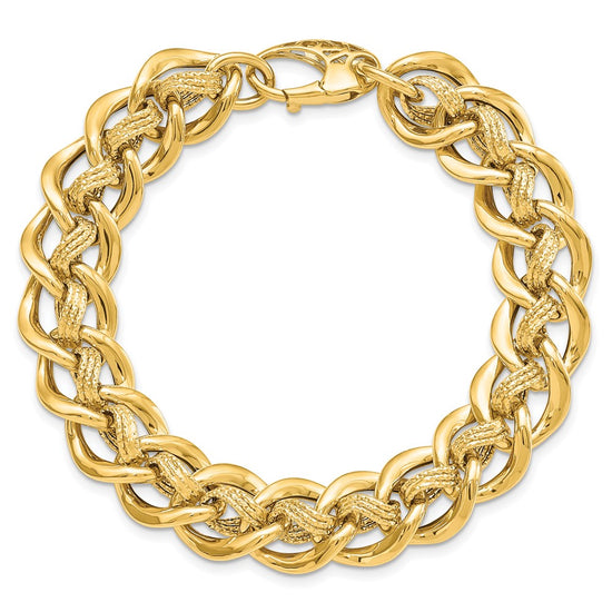 14k Polished and Textured 15mm Fancy Link 8 inch Bracelet