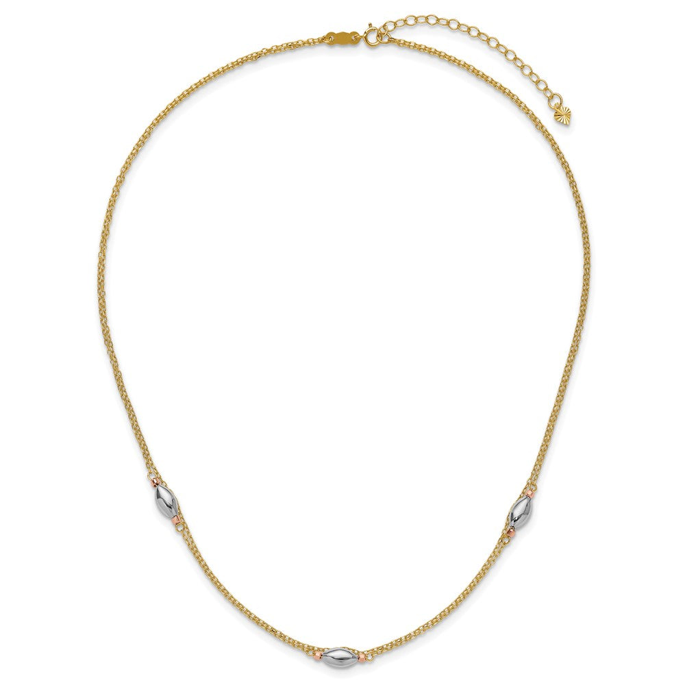 14K Tri Color 2 Strand w/Puff Beads w/2 IN Ext Necklace