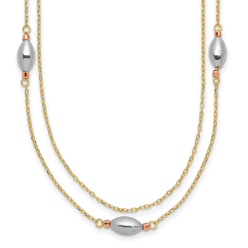 14K Tri Color 2 Strand w/Puff Beads w/2 IN Ext Necklace