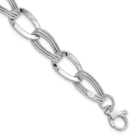 14k White Gold Polished and Textured 11mm Fancy Link 8 inch Bracelet