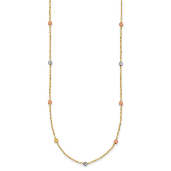 14k Tri-color Polished Diamond-cut Beads 18 inch Station Necklace
