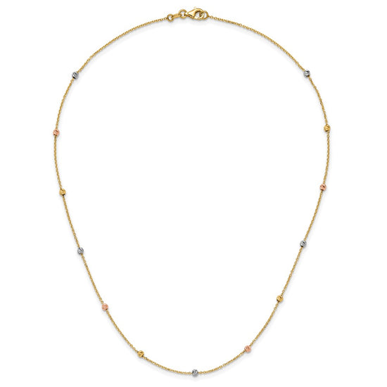 14k Tri-color Polished Diamond-cut Beads 18 inch Station Necklace