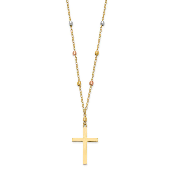 14K Tri-color Mirror Beaded Chain with Polished Cross Pendant 18 inch Necklace
