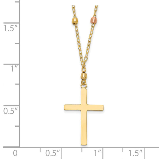 14K Tri-color Mirror Beaded Chain with Polished Cross Pendant 18 inch Necklace