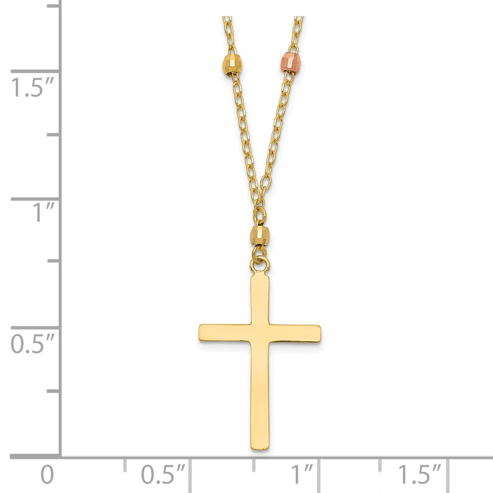 14K Tri-color Mirror Beaded Chain with Polished Cross Pendant 18 inch Necklace