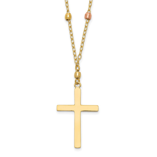 14K Tri-color Mirror Beaded Chain with Polished Cross Pendant 18 inch Necklace