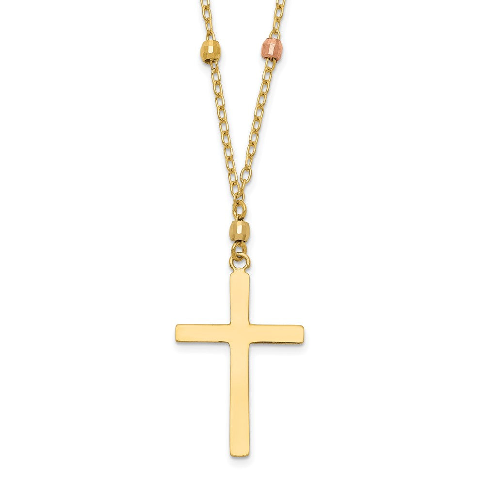 14K Tri-color Mirror Beaded Chain with Polished Cross Pendant 18 inch Necklace