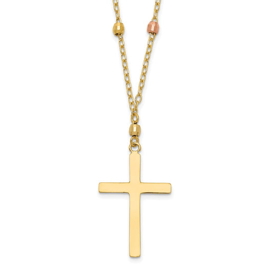 14K Tri-color Mirror Beaded Chain with Polished Cross Pendant 18 inch Necklace
