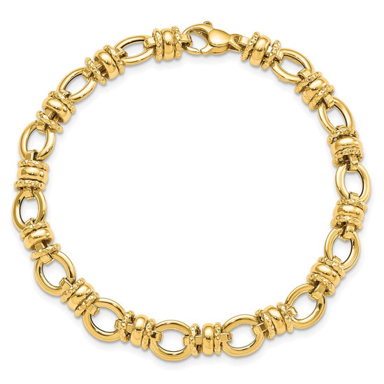 14K Polished and Textured 8mm Fancy Link 7.75 inch Bracelet