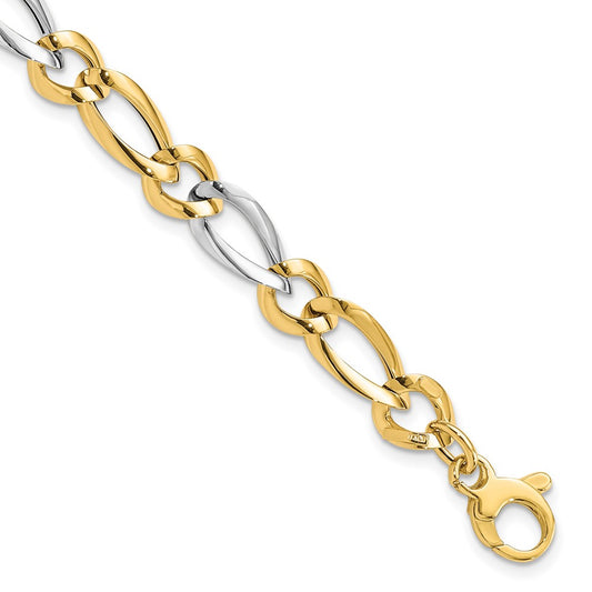 14k Two-Tone Polished 7.3mm Fancy Oval and Round Link 7.25 inch Bracelet