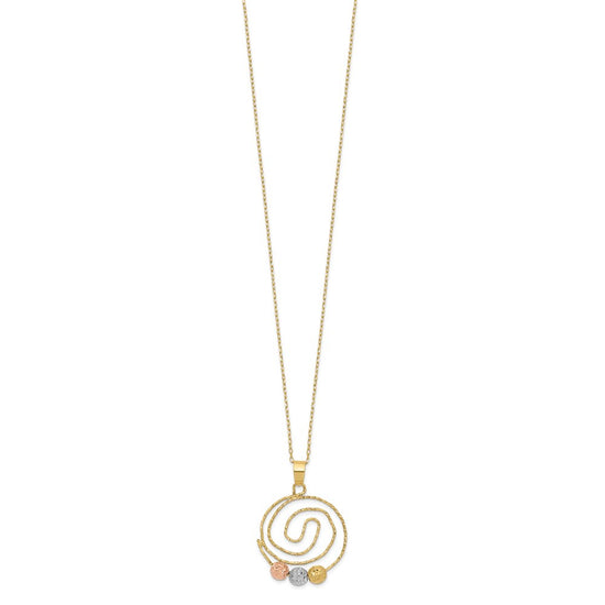 14k Tri-color Diamond-cut Beads on Spiral Pendant 18 inch Necklace