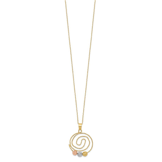 14k Tri-color Diamond-cut Beads on Spiral Pendant 18 inch Necklace