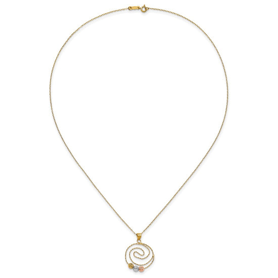 14k Tri-color Diamond-cut Beads on Spiral Pendant 18 inch Necklace