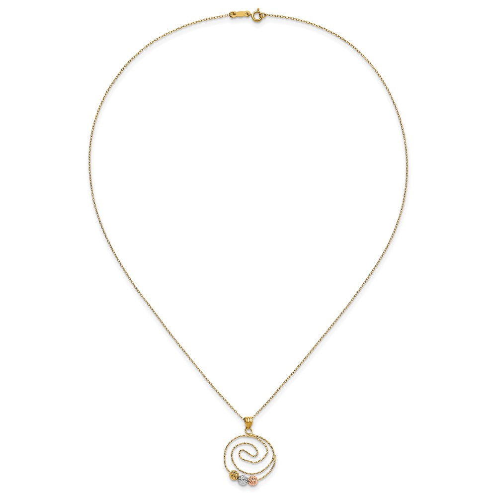 14k Tri-color Diamond-cut Beads on Spiral Pendant 18 inch Necklace