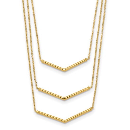 14k Polished Chevron Bar 3-Strand Bib 16 inch Necklace Plus 2 inch Extender