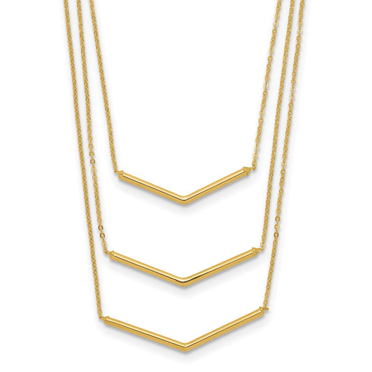 14k Polished Chevron Bar 3-Strand Bib 16 inch Necklace Plus 2 inch Extender