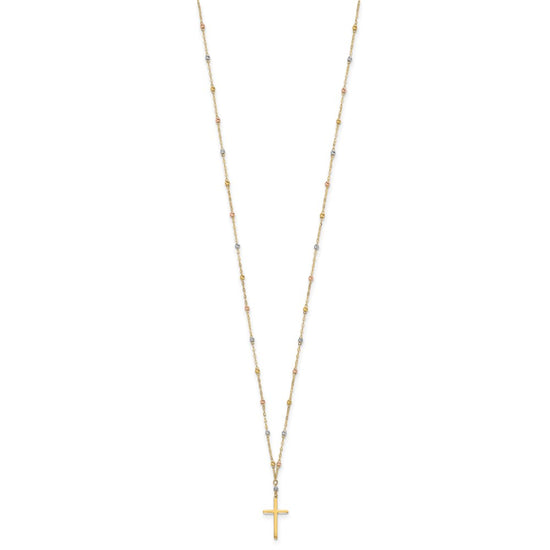14k Tri-color Diamond-cut Beaded Chain with Polished Cross Pendant 17 inch Necklace