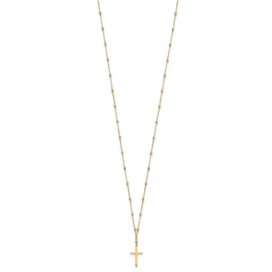 14k Tri-color Diamond-cut Beaded Chain with Polished Cross Pendant 17 inch Necklace