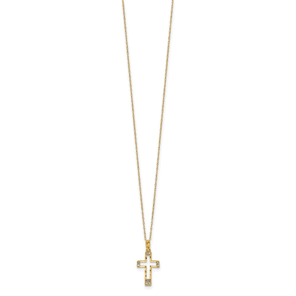 14k Polished Diamond-cut CZ Cross Pendant 16 inch Necklace