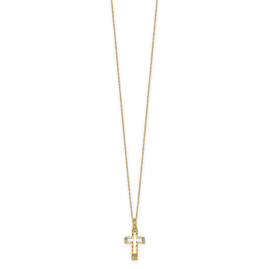 14k Polished Diamond-cut CZ Cross Pendant 16 inch Necklace