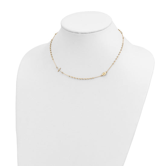 14k Polished Cross and Miraculous Medal Beaded Rosary Design 16 inch Necklace