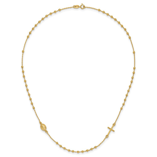 14k Polished Cross and Miraculous Medal Beaded Rosary Design 16 inch Necklace