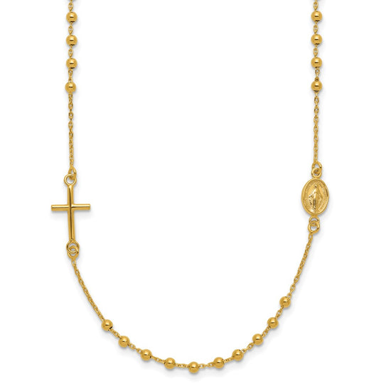 14k Polished Cross and Miraculous Medal Beaded Rosary Design 16 inch Necklace