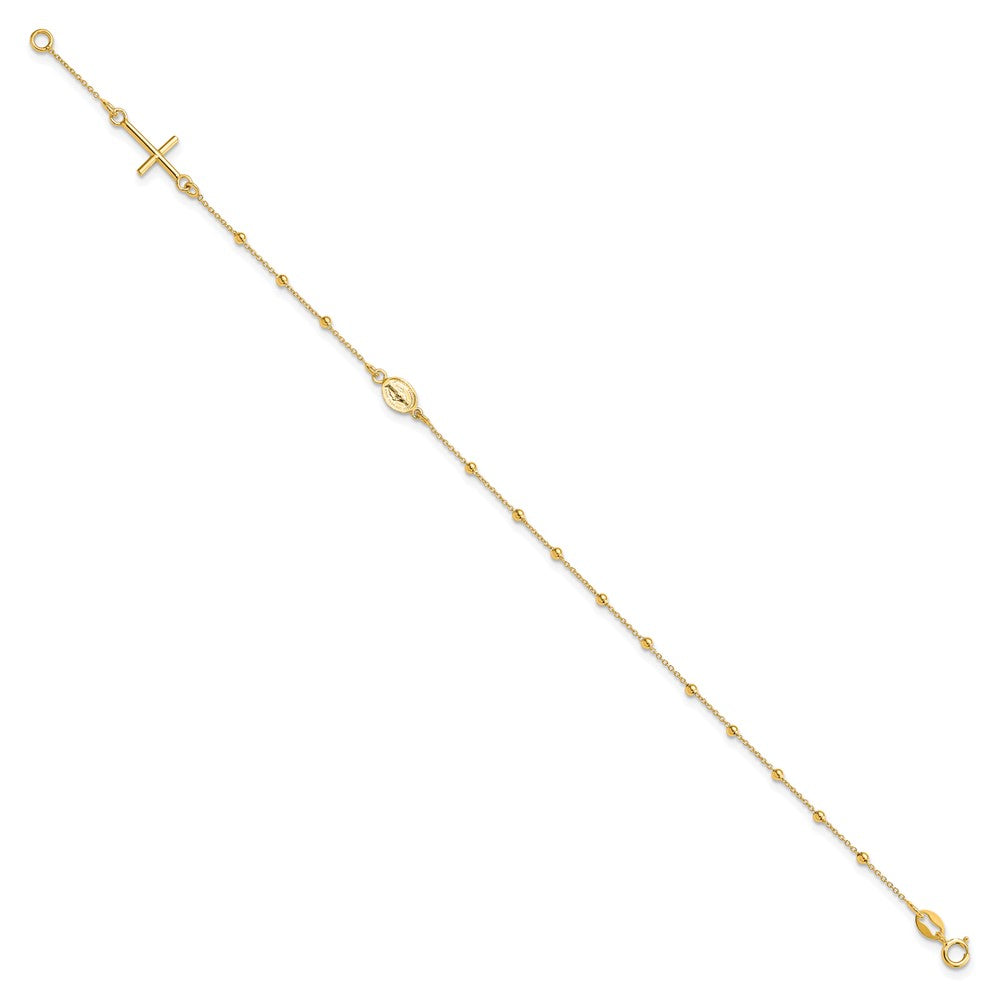 14k Polished Cross and Miraculous Medal Beaded 7.5 inch Rosary Bracelet