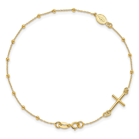 14k Polished Cross and Miraculous Medal Beaded 7.5 inch Rosary Bracelet