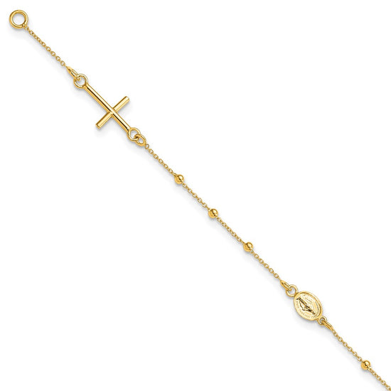 14k Polished Cross and Miraculous Medal Beaded 7.5 inch Rosary Bracelet
