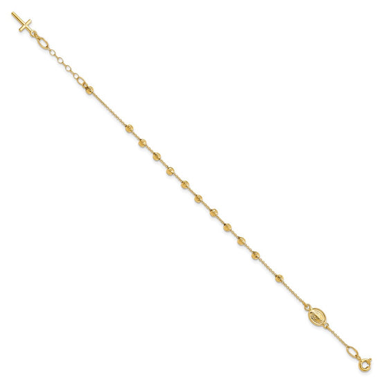 14k Polished Cross and Miraculous Medal with Diamond-cut Beads 6 inch Childs Rosary Bracelet with 0.75 inch Extender