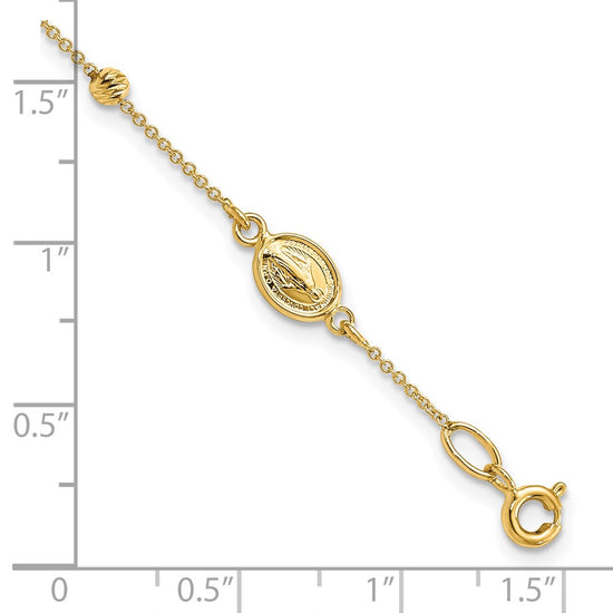 14k Polished Cross and Miraculous Medal with Diamond-cut Beads 6 inch Childs Rosary Bracelet with 0.75 inch Extender