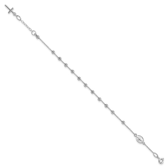 14k White Gold Polished Cross and Miraculous Medal with Diamond-cut Beads 6 inch Childs Rosary Bracelet with 0.75 inch Extender