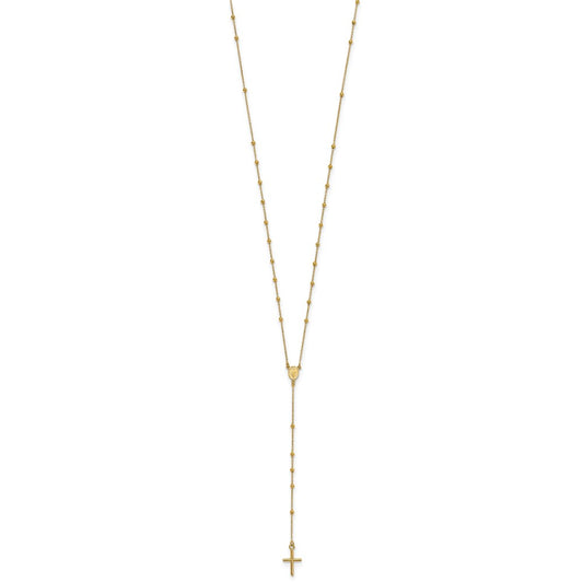 14k Polished Cross and Miraculous Medal Beaded 24 inch Rosary Necklace