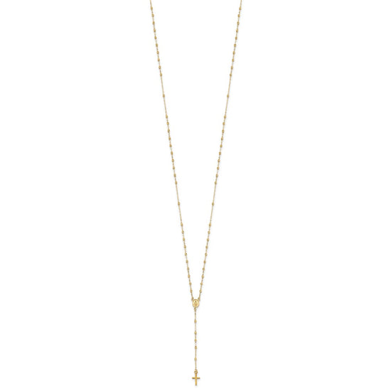 14k Polished Cross and Miraculous Medal with Diamond-cut Beads 17 inch Rosary Necklace Plus 3 inch Extender