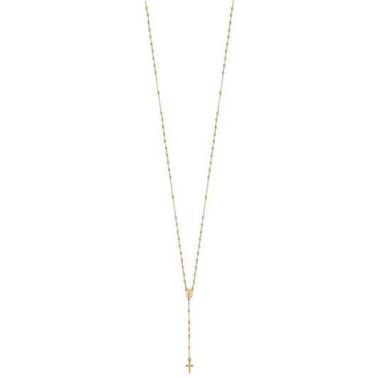 14k Polished Cross and Miraculous Medal with Diamond-cut Beads 17 inch Rosary Necklace Plus 3 inch Extender