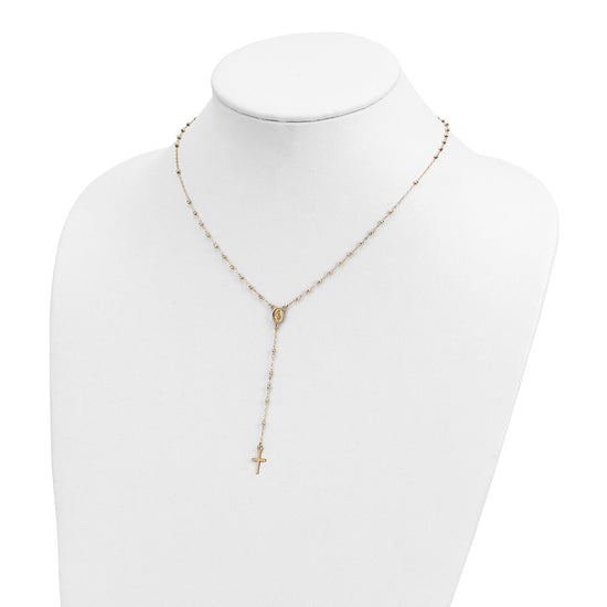 14k Polished Cross and Miraculous Medal with Diamond-cut Beads 17 inch Rosary Necklace Plus 3 inch Extender