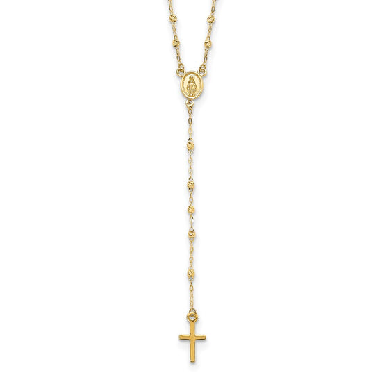 14k Polished Cross and Miraculous Medal with Diamond-cut Beads 17 inch Rosary Necklace Plus 3 inch Extender