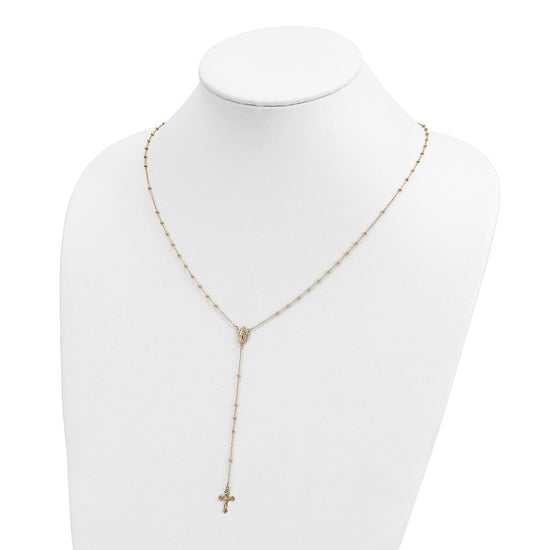 14k Polished Crucifix and Miraculous Medal 2mm Beaded 19.5 inch Rosary Necklace