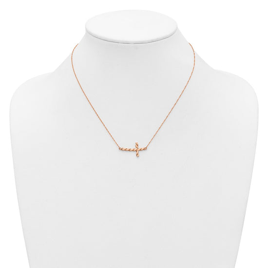 14k Rose Gold Polished Twisted Sideways Cross 17 inch Necklace