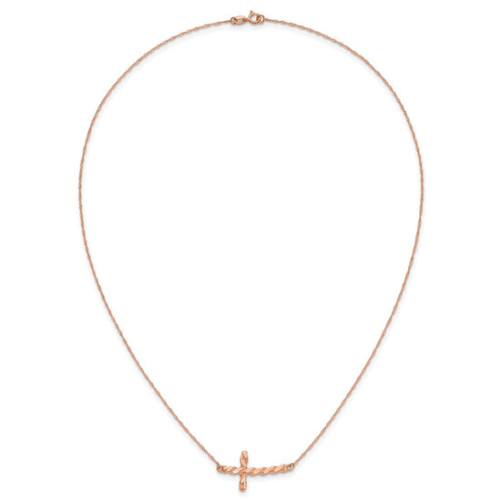 14k Rose Gold Polished Twisted Sideways Cross 17 inch Necklace